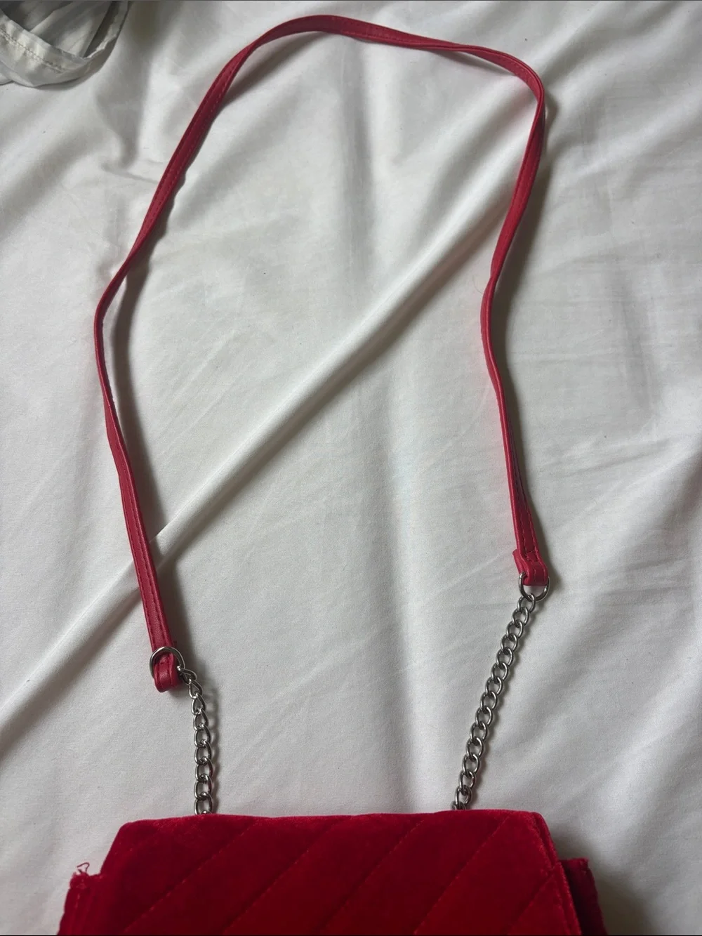 Girls Red Velvet Quilted Crossbody Bag with Chain Strap